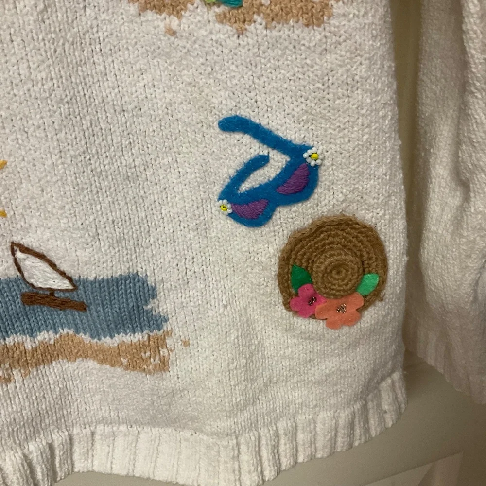White Women's Beach Motif Button-Up Sweater Cardigan - Picture 4 of 9